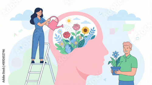 Mental Health and Growth Mindset Concept People Cultivating and Watering Flowers Inside Human Mind Vector Illustration