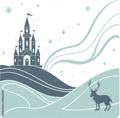 Minimalist winter landscape vector with grey castle and deer silhouette
