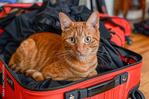 Ginger cat in an open red suitcase filled with clothes, next to a closed pet carrier. Cozy room, natural light. Concept: pet travel. No people or logos.