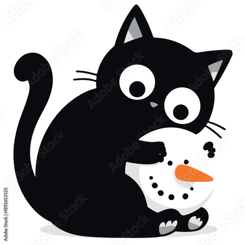 Sweet simple children vector illustration: Kitty play with snowman