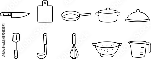 Collection of simple line art kitchen utensils and cookware for cooking and baking