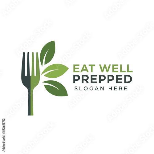Eat Well Prepped Logo Design with Fork and Leaves.