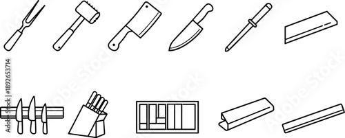 Collection of kitchen utensil icons including knives, fork, mallet, and sharpening steel
