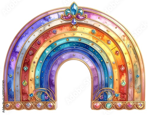 Whimsical watercolor rainbow arch with jeweled accents and fleur-de-lis