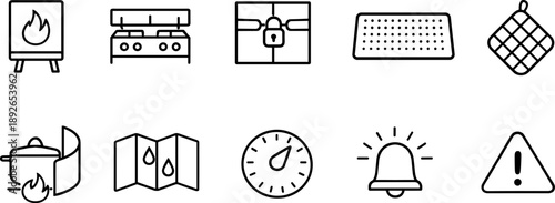 Collection of kitchen safety and cooking icons in a clean line art style
