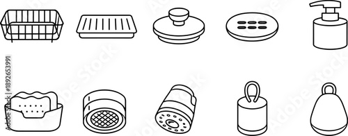 Collection of line art icons for bathroom and kitchen cleaning supplies