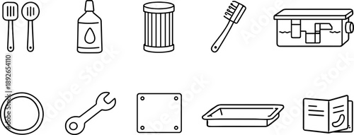 Collection of simple line art icons representing various tools and supplies for maintenance and cleaning