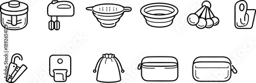 Collection of kitchen and household item icons in a simple line art style