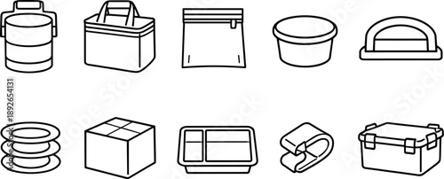 Collection of line art icons representing various food containers and storage solutions
