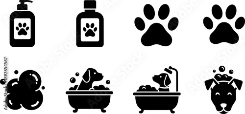 Collection of black and white icons representing dog grooming and pet care services