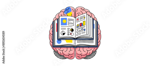 Brain with Open Book and Documents Inside, Representing Knowledge and Learning Process, Education Concept Illustration, Top View