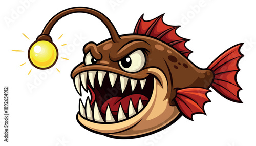 Cartoon illustration of an anglerfish depicting a fierce expression with sharp teeth for marine life designs