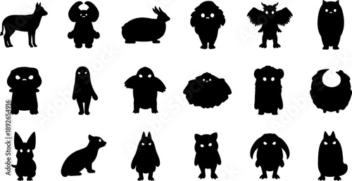 Collection of diverse black monster and creature silhouettes with glowing eyes on white background