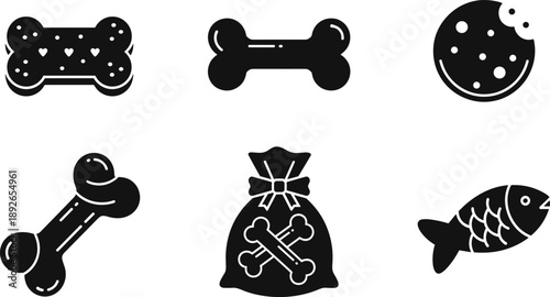 Collection of black pet treat icons including bones, a cookie, and a fish