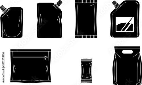 Collection of various black silhouette packaging types on a white background