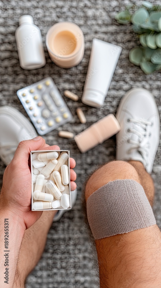 Obraz premium Soldier organizes medical supplies in a container on the floor while preparing for a training activity inside a building