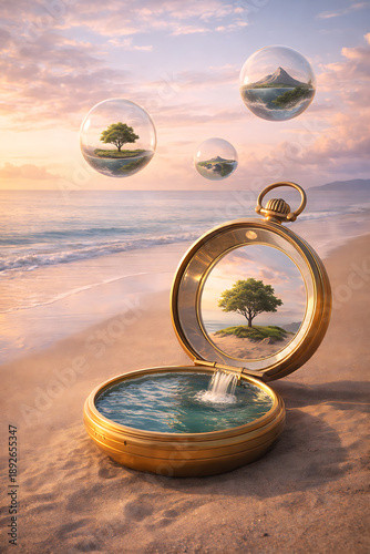 Surreal Fantasy Pocket Watch with Floating Islands, Dreamlike Time Concept Illustration
