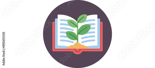 An open book with a sprouting plant on its pages, symbolizing knowledge and growth, viewed from a straightforward perspective