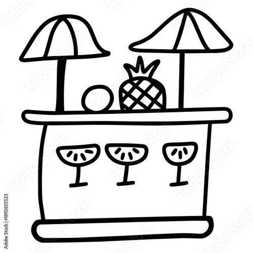 Cute Summer Life Doodle Activities hand drawn black and white outline