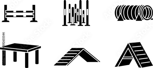Collection of dog agility equipment icons including a jump, weave poles, tunnel, table, and ramps