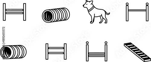 Dog agility course equipment icons including jumps, tunnels, and a dog silhouette