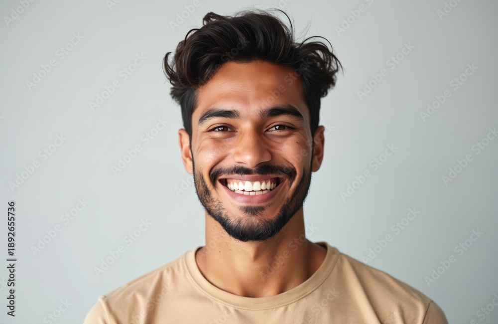 Obraz premium Young Hispanic man smiles broadly, showing perfect white teeth. Looks friendly, happy with light beard. Confident guy poses for studio portrait. Wears simple t-shirt. Joy, positive emotion on face,