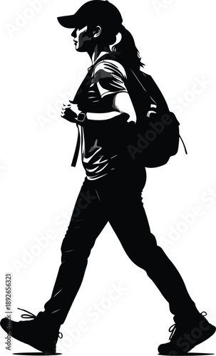 Black and white silhouette of a determined young hiker or student wearing a baseball cap and carrying a backpack while walking purposefully forward against a stark white background.