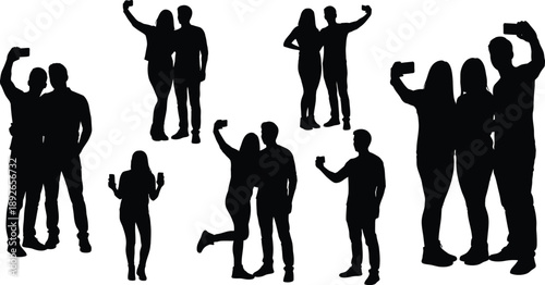 Collection of diverse silhouette figures capturing moments by taking selfies with their mobile phones suggesting modern digital connection and social sharing habits