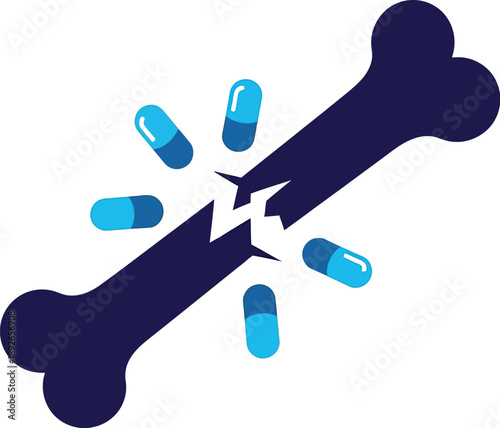 Concept illustrating pharmaceutical treatment for a significant bone fracture showing a dark blue skeletal element broken in half with surrounding blue capsules symbolizing medication.
