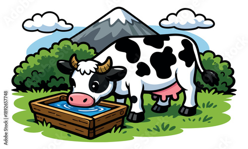 Line art illustration of a dairy cow depicting drinking water from a trough for farm and nature concepts