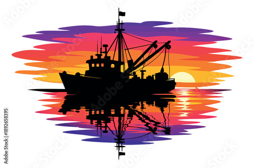 Stylized illustration of a fishing boat depicting a vibrant sunset reflection for marine industry concepts