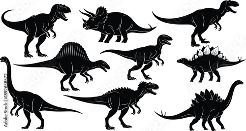 Collection of Dinosaur Silhouettes Including Tyrannosaurus Rex Triceratops Spinosaurus and Stegosaurus Isolated Vector Icons for Paleontology Education and Graphic Design Elements