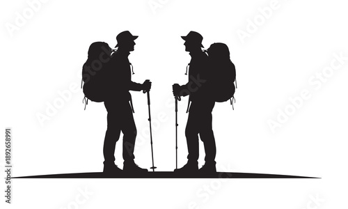 Two hikers with backpacks and trekking poles, silhouettes facing each other