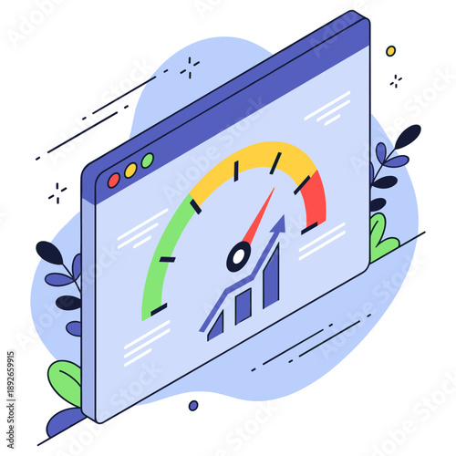 Colorful graphic depicting performance metrics with speedometer and growth arrows