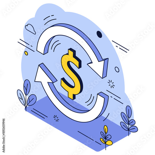 Currency exchange symbol with arrows and dollar sign in blue and yellow design