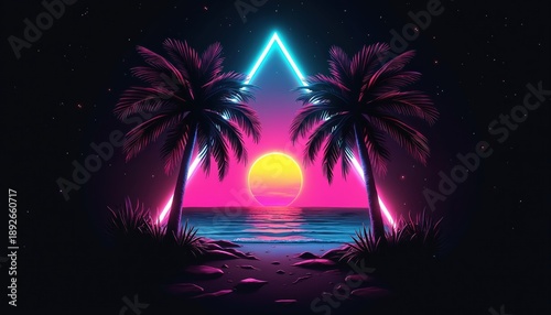 Two neon palm trees frame a bright sunset over ocean waves. Geometric triangle glows with light above sea horizon, reflecting on water. Stylized retro beach scene at night with stars.