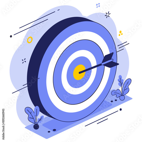 Blue and white bullseye target with arrow illustration