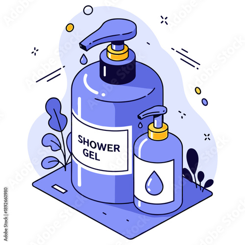 Blue shower gel and soap dispensers with abstract background