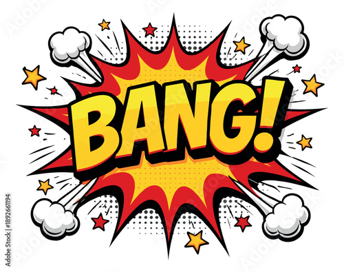Pop art illustration of a Bang! speech bubble depicting an explosive sound effect for advertising