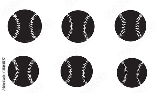 Six black baseball icons with white stitching on a white background, vector graphic.