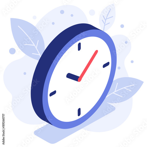 Illustrated minimalist clock with blue leaves and red second hand in abstract style