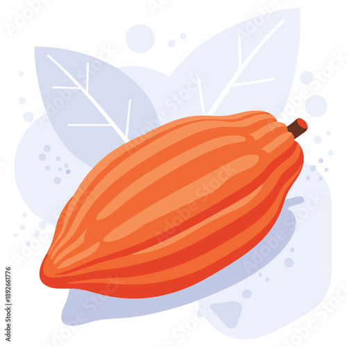 Colorful cartoon cocoa pod with leafy background