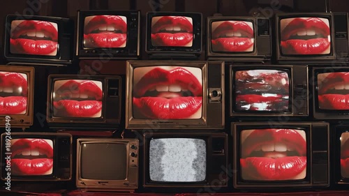 Retro Television Wall Displaying Red Lips and Static Interference.