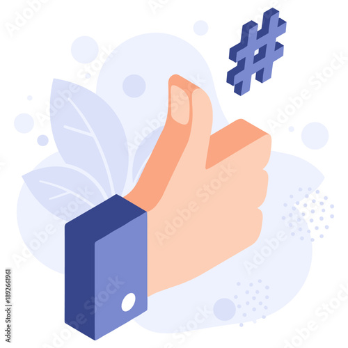 Cartoon hand giving thumbs up and hashtag symbol on light background