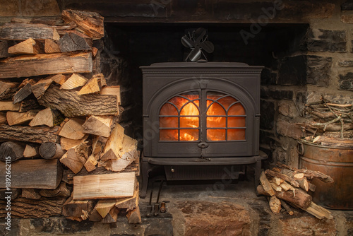 Cast Iron Wood Stove in a Stone Fireplace with  Stacks of Firewood