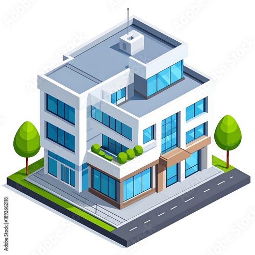 Isometric Modern Building Illustration with Trees and Road.