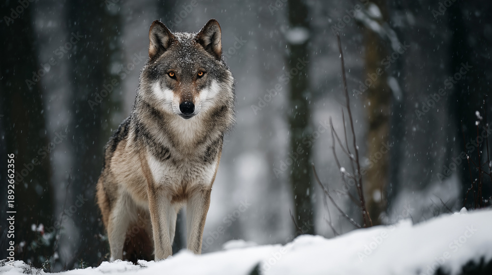 Obraz premium 雪に佇むオオカミの姿 / Wolf Standing in Deep Snow