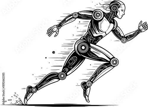 Robotic woman running fast with mechanical limbs and speed lines