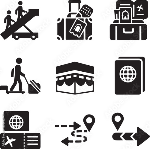 Set of black and yellow business and travel vector icons featuring silhouette symbols for web, internet, bank, and car illustrations