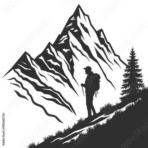 Outdoor adventure hiker silhouette climbing mountain peak
